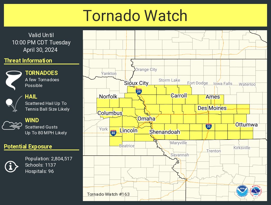 A tornado watch has been issued for parts of Iowa and Nebraska until 10 PM CDT