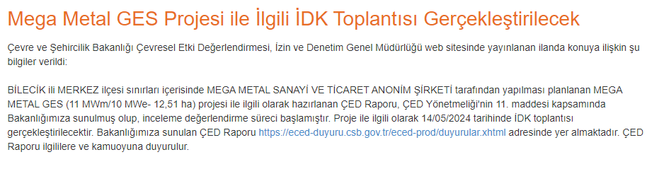 Mega Metal GES Projesi ile İlgili İDK Toplantısı Gerçekleştirilecek #megmt