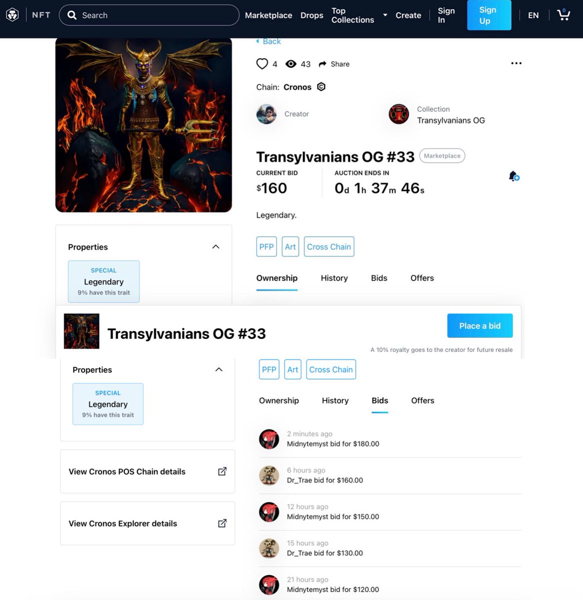crypto.com/nft/collection… Our auction is on fire with 5 bids , we have @clavender79L as our top bidder with $160 , let’s goo #TransylvaniansOG #Legendary 🧛‍♂️🧛🧛‍♀️