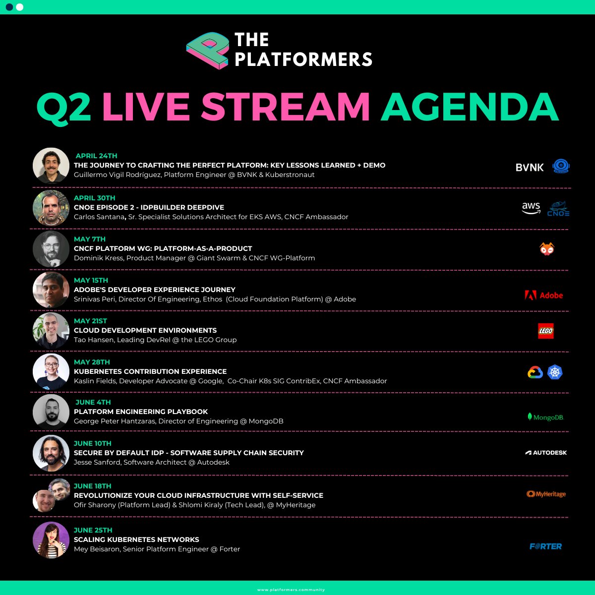 We are excited to share our livestream agenda for Q2! We have such an amazing lineup of Platform Engineering experts from all over the world It's going to be EPIC 🤩 📽️Watch & Register on YouTube - youtube.com/@PlatformersCo…