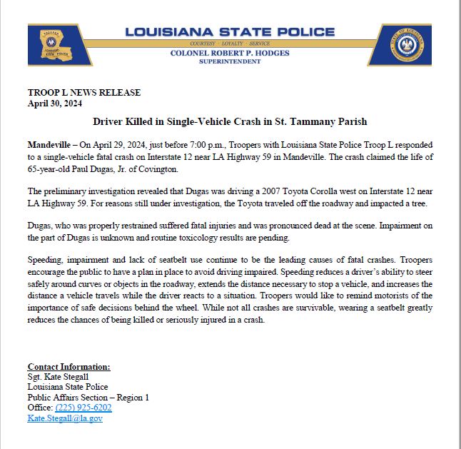 TROOP L NEWS RELEASE: Driver Killed in Single-Vehicle Crash in St. Tammany Parish