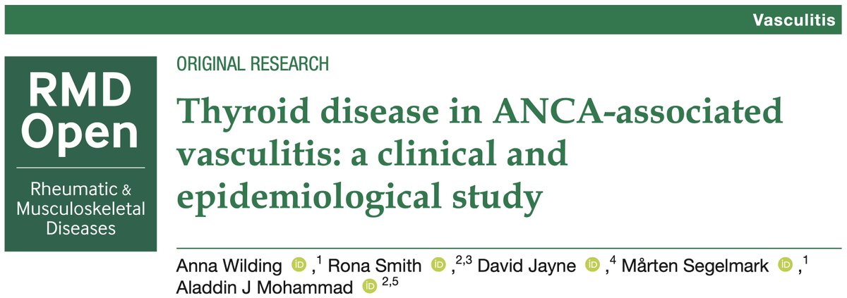 Pleased to announce our new publication: Thyroid Disease (TD) in AAV. TD is common in AAV, affecting nearly one in five. The incidence rate of TD in AAV: 641/100 000 PY. No analysed factor predicted de novo TD in AAV. The prevalence of TD in AAV: 18%. rmdopen.bmj.com/content/rmdope…