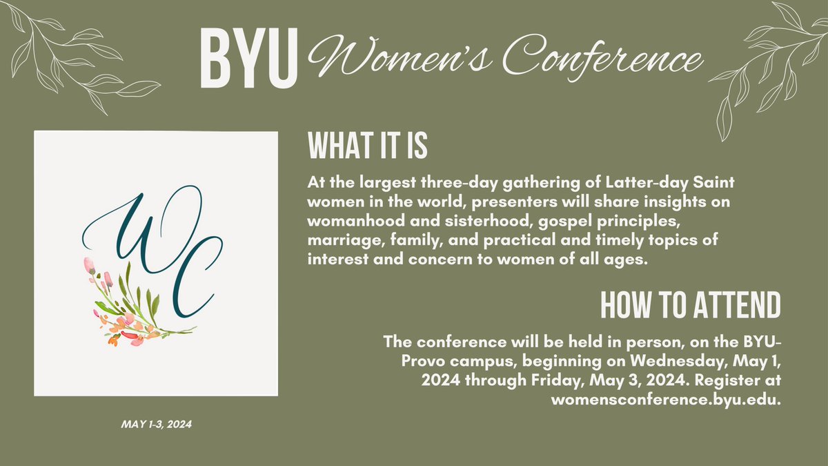 It's almost time for BYU Women's Conference!

Join us to gather with women of faith, develop friendships, learn from uplifting messages, gain new insights, participate in service, strengthen your testimony, and enjoy time with family and friends!
