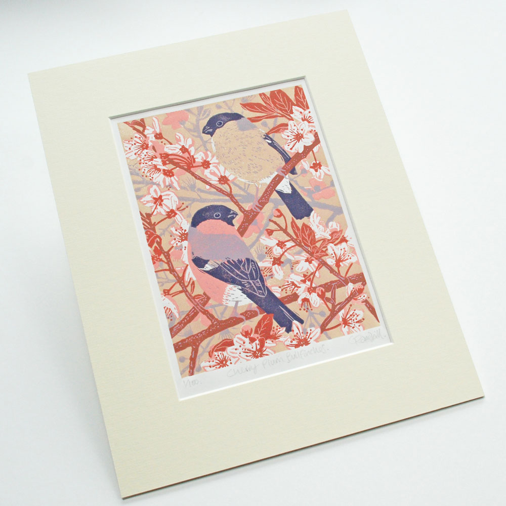 A couple more Bullfinches ready for new homes. 'Cherry Plum Bullfinches' limited edition handmade linocut prints, supplied ready for framing. Shop link> littleramstudio.etsy.com #shopsmall #BuyArtfromtheArtist