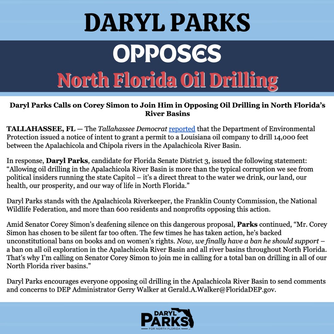 My statement calling on Corey Simon to oppose oil drilling in North Florida's river basins. #Apalachicola #Florida