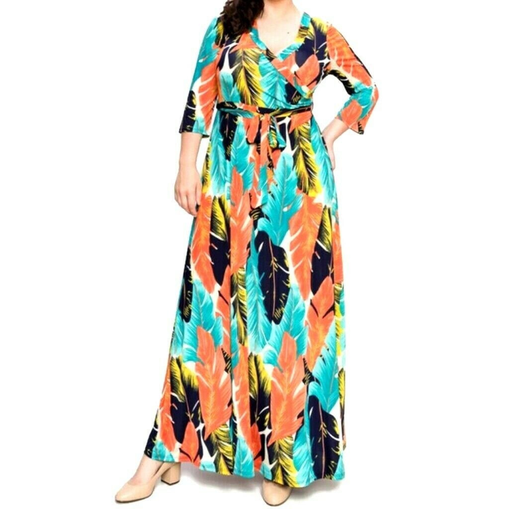 Aqua Orange Palm Leaves Faux Wrap Maxi Plussize Dress tuppu.net/415f734d #smallbusiness #plussizefashion #maxidress #bridesmaid #wedding #womenfashion #jumpsuits #janettefashion #FauxWrapDresses