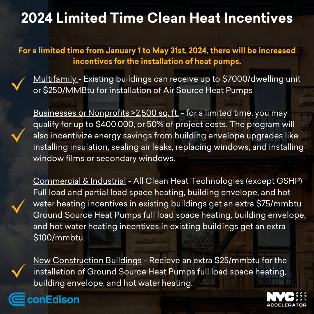 Planning Clean Heat energy efficiency upgrades in 2024 and 2025 for your existing and new construction building? You could be eligible for @ConEdison's 2024 Limited Clean Heat Bonus Incentives. Work with #NYCAccelerator to apply before May 31: accelerator.nyc/contact