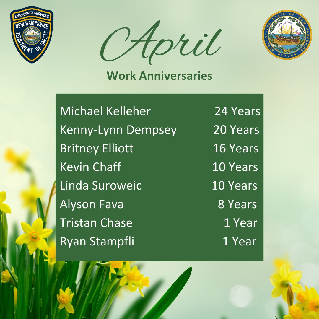 While April showers are falling, we must acknowledge the contributions of DESC staff with an April work anniversary. Thank you to these folks in Admin, Operations and Mapping who ensure that #NH911 locates, communicates and connects people in an emergency with the help they need.