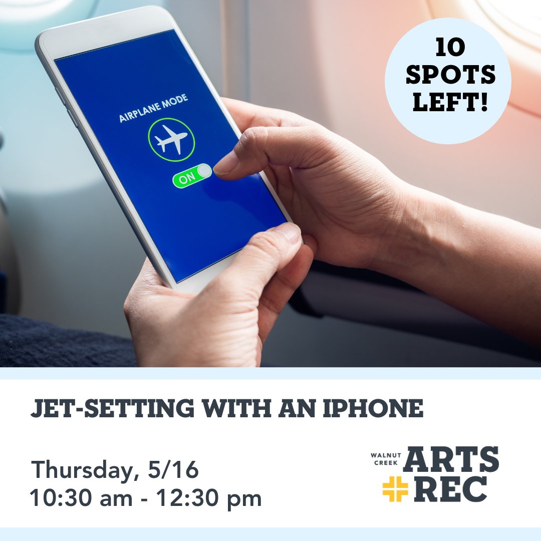 WCArtsRec's tweet image. Jet-setting with an iPhone ✈️📱
Thursday, 5/16
10:30 am - 12:30 pm
Age: 18+
Register Here:
tinyurl.com/3xjnkmb6
📞 To register via phone, please call 925-295-1490 and reference Course #58706. Email artsrec@walnut-creek.org with any questions.
#HowToClass #TechnologyClass