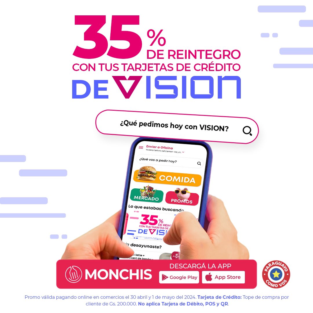 Celebra el día del trabajador hoy martes 30 y mañana 01 de Mayo con 35% de reintegro  comprando online con tus tarjetas de crédito de @VisionBanco en <a href="/monchispy/">Monchis</a> 
/TERCER TIEMPO. Powered by <a href="/asteriscobirra/">*BIRRA *24772</a>. Consulta las bases y condiciones