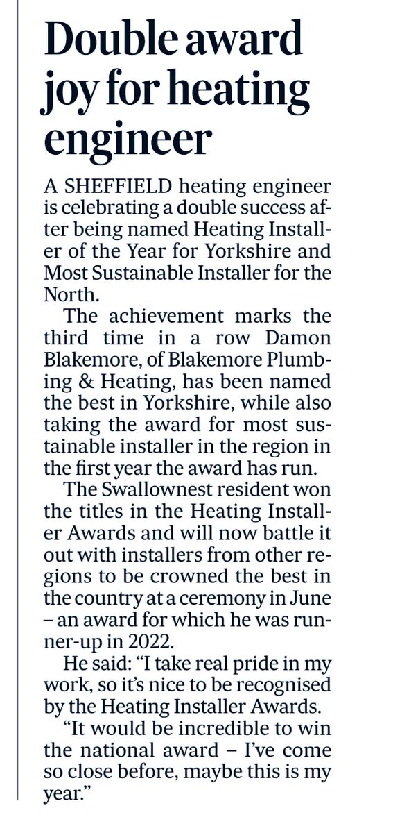 Seems I got a fan at the @yorkshirepost 🤩 Thankyou! 🙏🏻

heatinginstallerawards.co.uk/poll/2024-heat…

heatinginstallerawards.co.uk/most-sustainab…