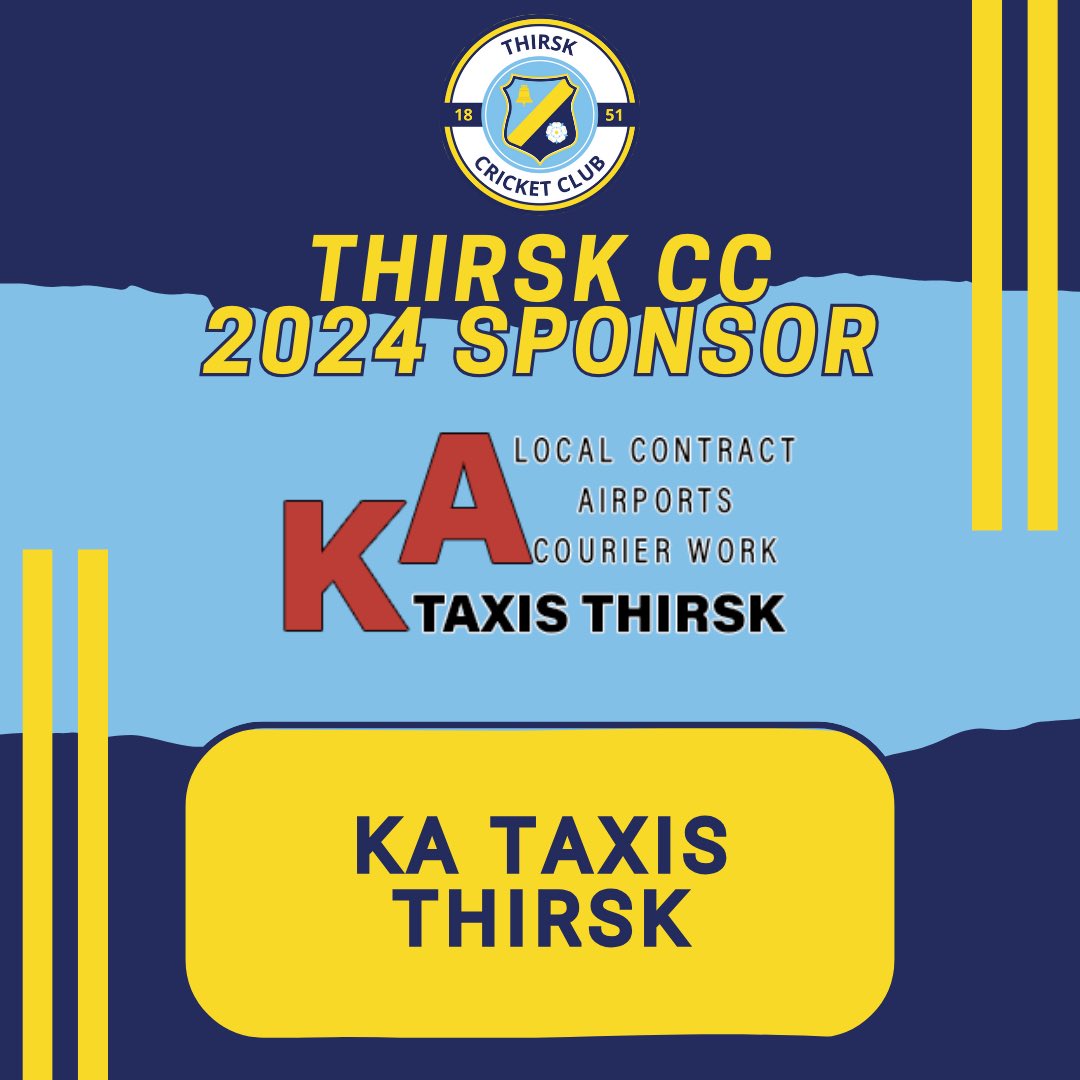 Thank you to K.A. Taxi’s Thirsk for sponsoring Thirsk CC for the 2024 season! The K.A. Taxi’s have been long time sponsors of the club and we are grateful for their contribution to helping us provide cricket in the community! #WeAreThirsk