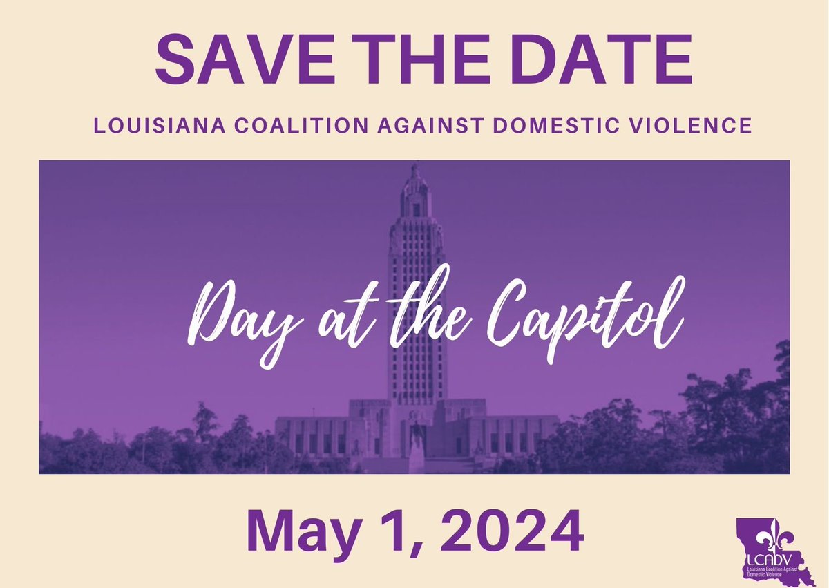 LCADV's annual Day at the Capitol is TOMORROW! Please join us to advocate for policy issues that impact survivors. Let's come together and make our voices heard in Louisiana! 💜 #DATC24 #LaLEGE #DVAdvocacy #Louisiana