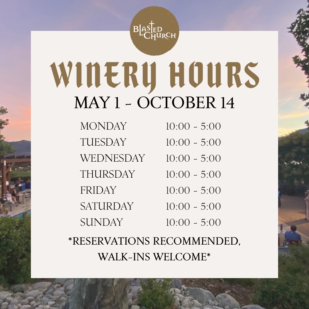 Now Open all day, all season long!⁠
Bless up & join us at the #winery . 
It's time to do a #winetour & relax in #winecountry .⁠
📍Okanagan Falls, Okanagan Valley, BC⁠
blastedchurch.com 
#bcwine #explorebc #explorebcwine #okanagan
