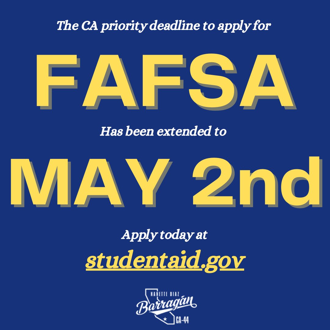 CA High School Seniors! California has EXTENDED its priority deadline to apply for FAFSA to May 2nd. Don't wait, apply today at studentaid.gov/h/apply-for-ai…