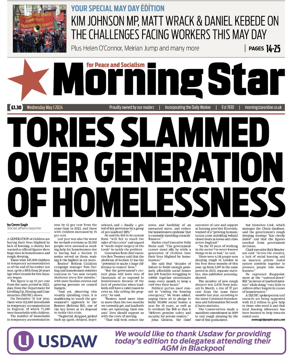 Introducing #TomorrowsPapersToday from:

#MorningStar 

Tories slammed over generation of homelessness 

Check out tscnewschannel.com/2024/04/28/tom… for a full range of newspapers.

#buyanewspaper  #TomorrowsPapersToday #buyapaper #pressfreedom #journalism
