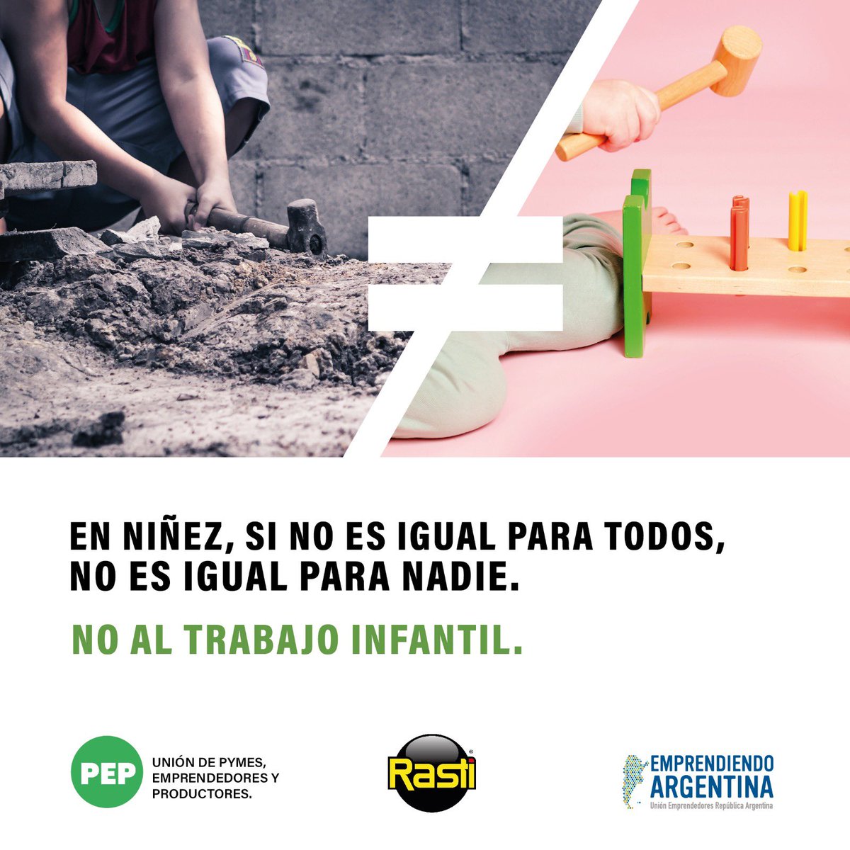 jugueteros's tweet photo. BASTA ¡NO QUEREMOS QUE TRABAJEN! 

Campaña de  Juguetes @RastiArg donde   dicen NO al trabajo infantil en la campaña "IGUALES" para visibilizar y concientizar sobre esta causa social, junto a UERA, PEP, Amén Argentina y Alfaro Consultoría 
#DiaDelTrabajador https://t.co/4lp7Gnw01Q