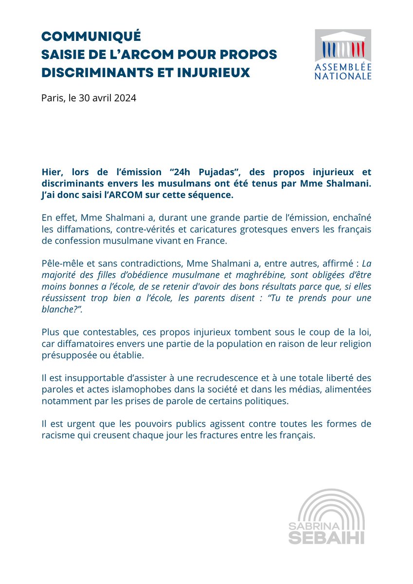 Je saisis ce jour l’ARCOM suite aux propos tenus par Mme Shalmani. @datirachida nous attendons une réponse ferme face à cette banalisation de l’islamophobie.