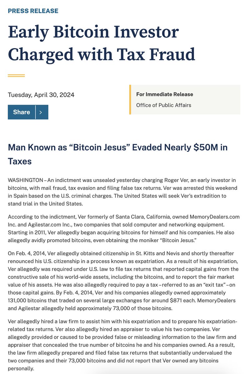 Roger Ver arrested in Spain for tax evasion in the US? Damn, this is quite something to read, to be honest. justice.gov/opa/pr/early-b…