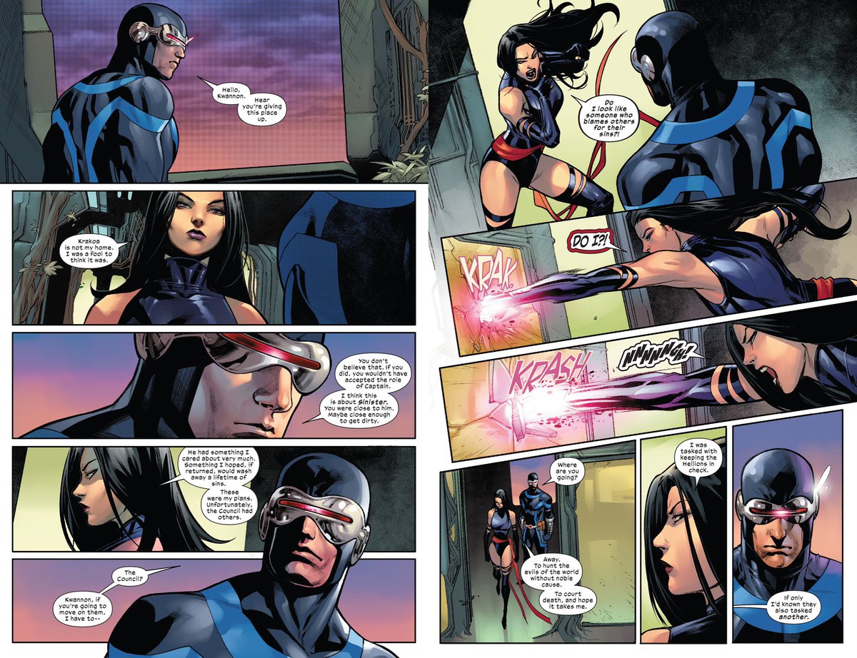 I keep thinking about this moment between Psylocke & Cyclops. 

I think Scott really feels guilt about Kwannon losing her daughter in the process of going along with Emma’s plan.