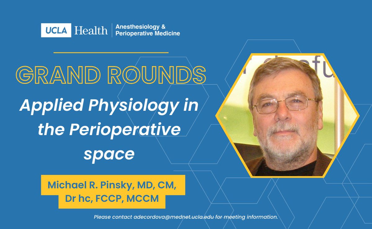Michael Pinsky, MD, CM, Dr hc, FCCP, MCCM, Professor of Critical Care Medicine, Bioengineering, Cardiovascular Disease, & Anesthesiology @PittCCM joins the @UCLAAnes #GrandRounds tomorrow for the Visiting Professor program! He will discuss the physiology in the preoperative room.