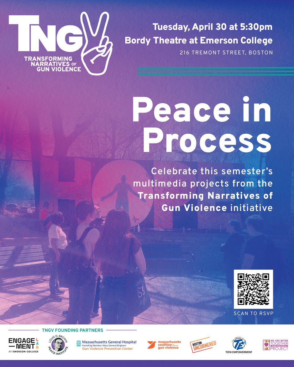 Today we'll be at Emerson College for Peace in Process! Join us as we celebrate the latest multimedia projects from the Transforming Narratives of Gun Violence initiative. RSVP: engagelab.ticketleap.com/peace-in-proce…