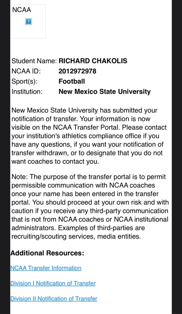 RChakolis's tweet image. I am now officially in the transfer portal. 
*3 years of eligibility 
*3.0 gpa