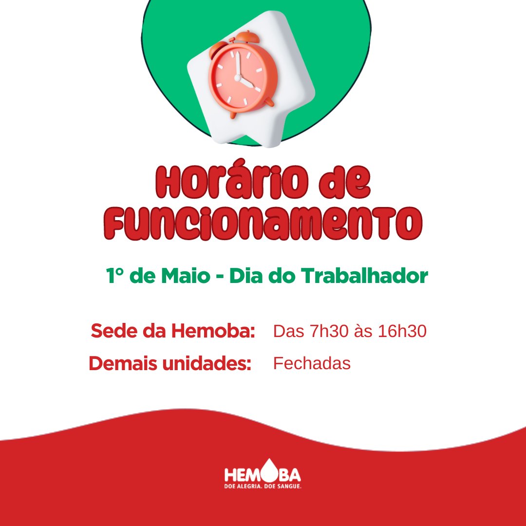 Feriado também é dia de salvar vidas! Neste Dia do Trabalhador, estaremos abertos das 7h30 às 16h30 na sede da Hemoba, na Av. Vasco da Gama, em Salvador. Venha fazer sua doação de sangue e cadastro de medula óssea! 🥰🩸
#Hemoba #DiaDoTrabalhador #Feriado #DoeSangue #DoeAlegria