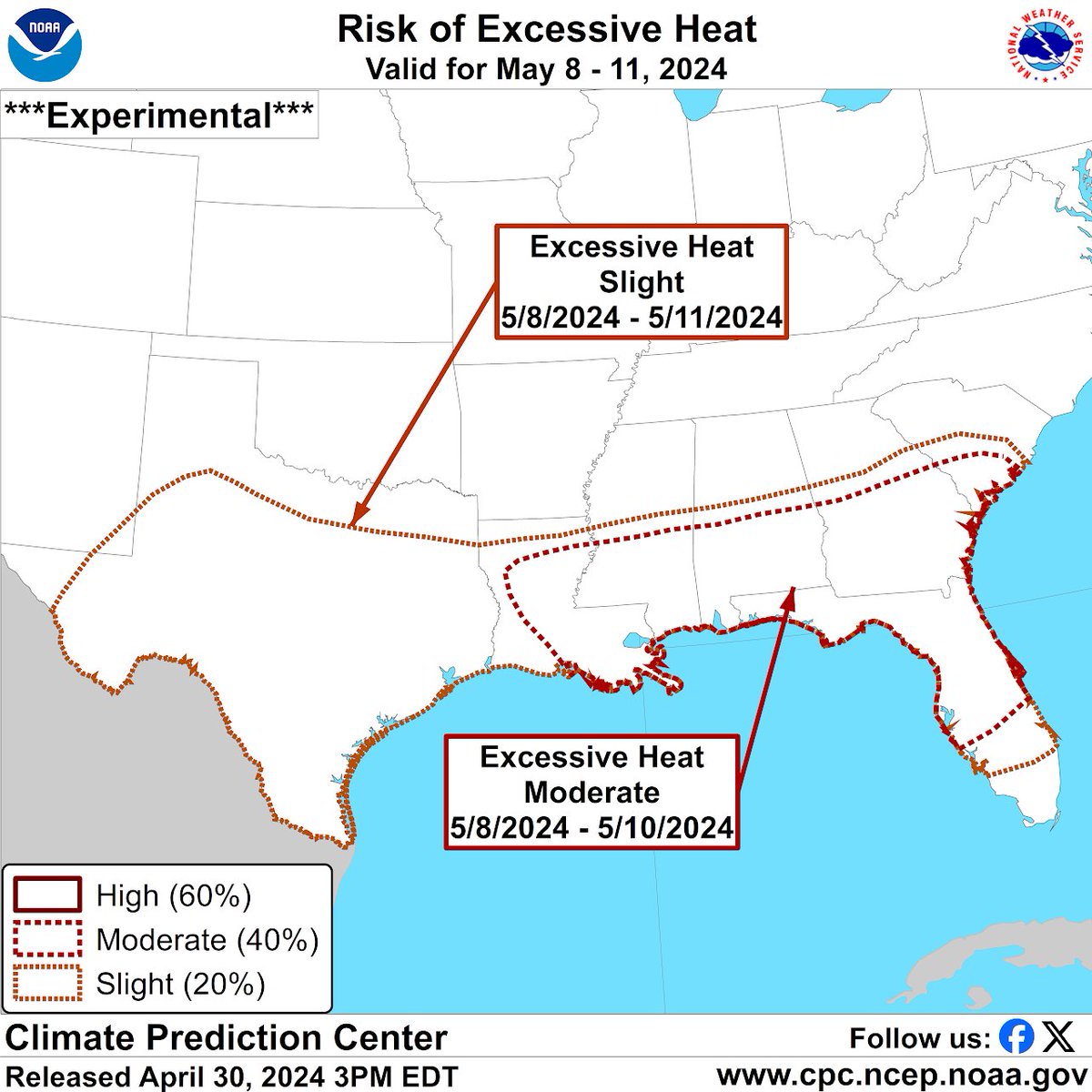 Hot, summer-like temperatures are expected to impact parts of the Gulf Coast states during the second week of May, with many locations possibly reaching record highs in the low to mid 90s May 8-10.