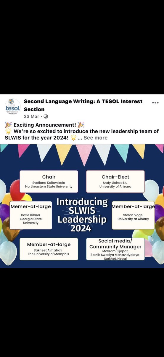 Honored to be elected as a member-at-large of the SLWIS leadership team within @TESOL_Assn. Exited to meet and work with like-minded and wonderful colleagues soon!