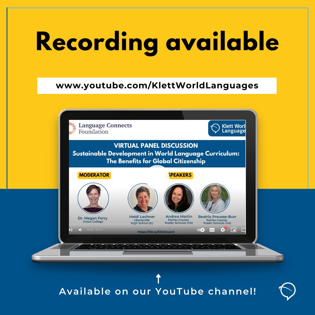 🎥 Recording available: "Sustainable Development in World Language Curriculum: The Benefits for Global Citizenship"

Catch the replay of our Virtual Panel in collaboration with the Language Connects Foundation on our YouTube channel!

🔗 youtube.com/KlettWorldLang…

Explore the