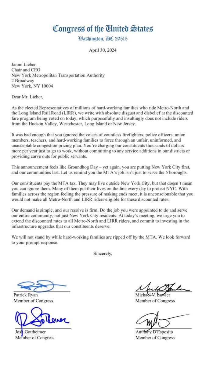 .@RepPatRyanNY and I led a bipartisan letter demanding the MTA offer the same discounts to all riders that they’re currently only carving out for New York City residents, while also committing to infrastructure upgrades across our communities. Our residents deserve nothing less.
