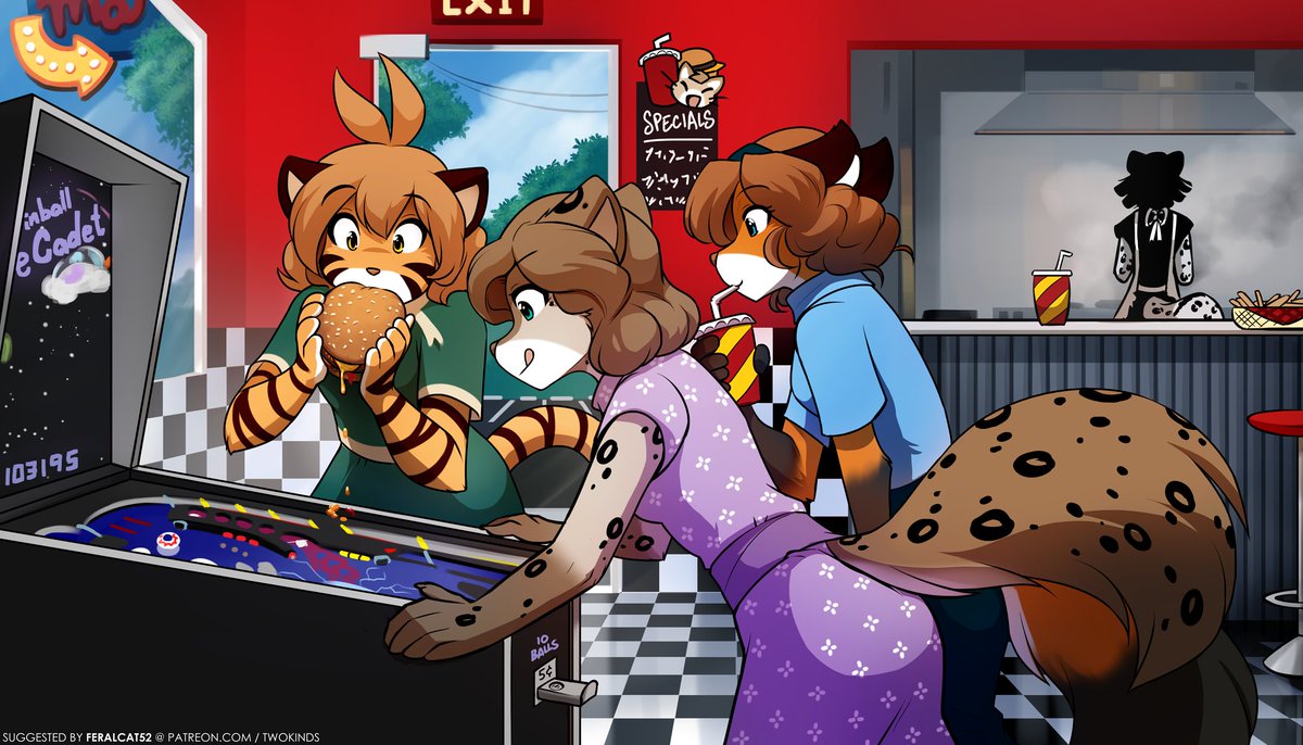 Pinball Machine - Kat playing a vintage pinball machine in a 50's malt shop while Flora and Laura look on, suggested by feralcat52!