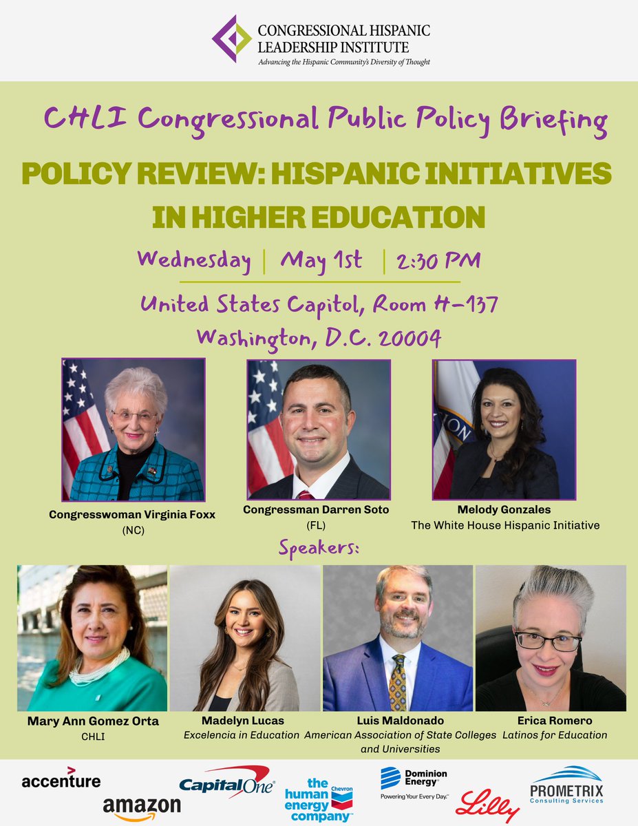 Interested in education policy? Join us TOMORROW for the CHLI Congressional Public Policy Briefing on the policies that shape higher education and affect the Hispanic community, from tuition rates to FAFSA and Pell grants. Register here: tinyurl.com/35re3cz6