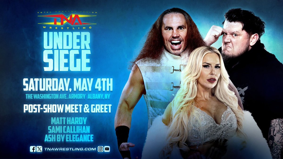 Don't miss your chance to meet all of your favorite TNA Stars after #TNAUnderSiege and #TNAiMPACT THIS FRIDAY & SATURDAY in Albany NY! @MATTHARDYBRAND @MustafaAli_X @JordynneGrace @Ashamae_Sebera @TheSamiCallihan Get tickets NOW: ticketmaster.com/tna-wrestling-…