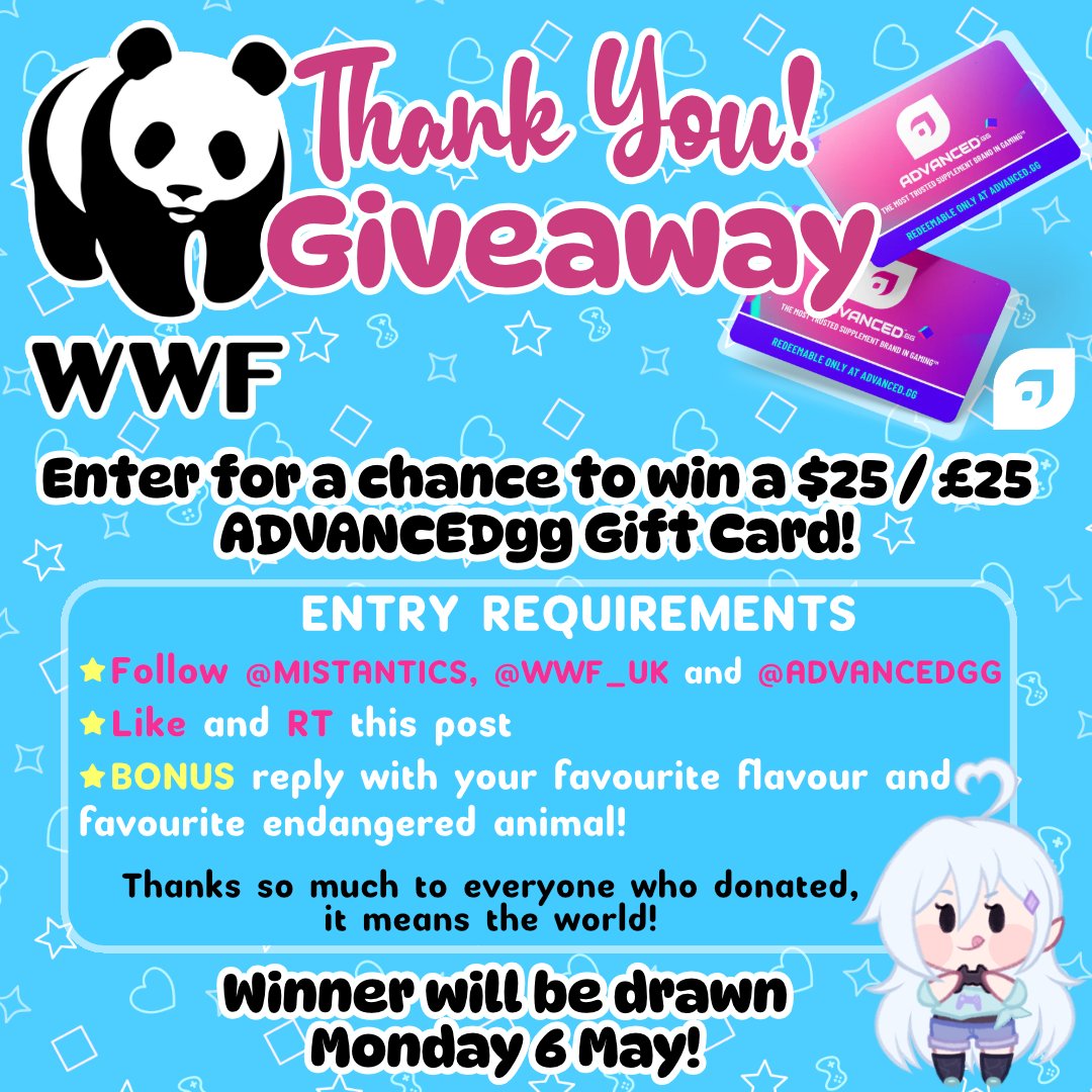 What's this!? A Giveaway?👀

As a massive thank you for everyone helping fundraise for the wonderful @wwf_uk 🐼this month I have a fantastic giveaway in partnership with @ADVANCEDgg  for one gift card!💙

Follow the entry requirements below! 
Winner drawn next Monday 6th May! 🎉