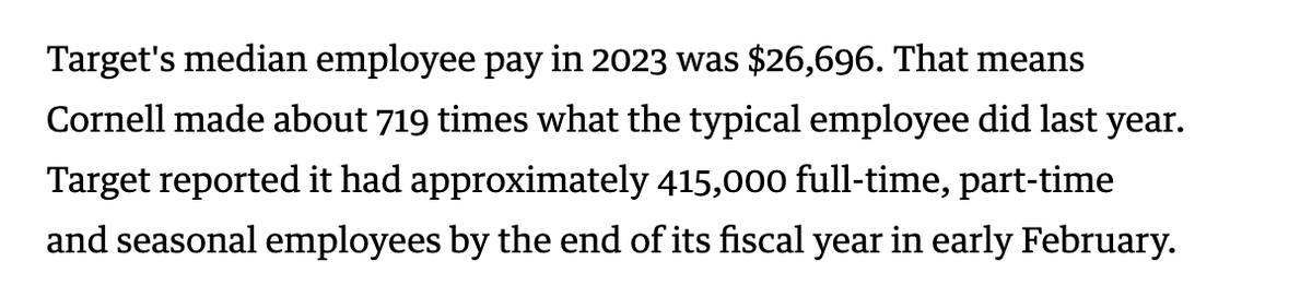 Target CEO Brian Cornell made $19.2M last year, a 9% bump from 2022. Most of it came in the form of stock awards. Target's median employee pay was $27k last yr. He's the third-highest-paid CEO of a MN-based public company. bizjournals.com/twincities/new…