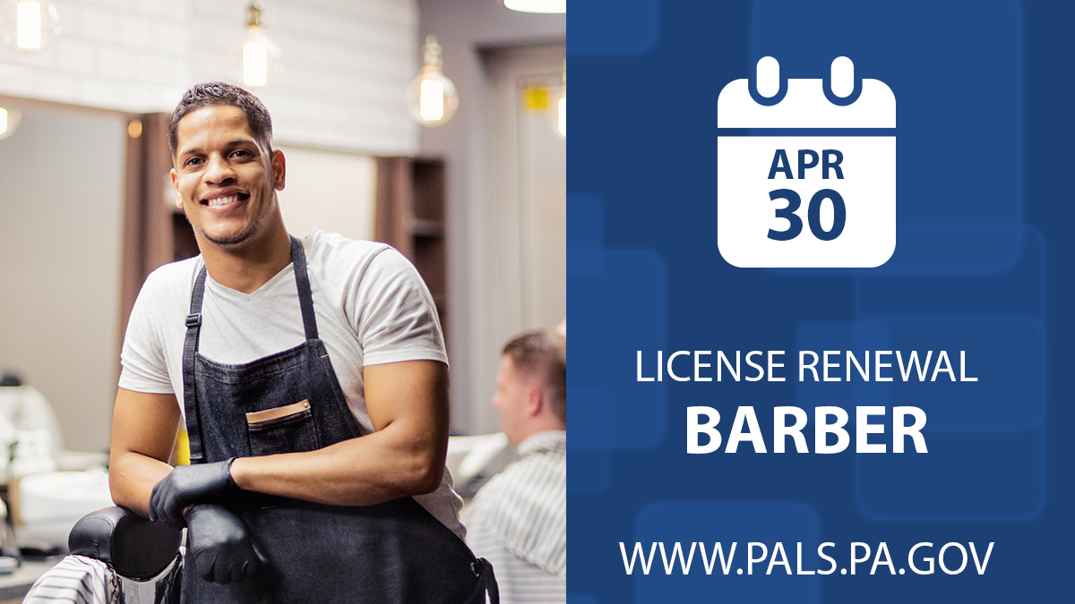 ATTENTION Barbers, Barber Teachers, Barber Managers, Barber Shops, and Barber Schools – Your professional license will expire today, April 30, 2024. Renew your license NOW at pals.pa.gov.