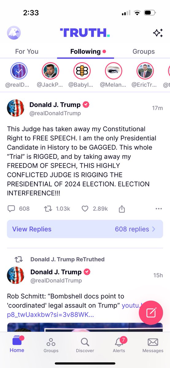 Just snuck over to UnTruth Social..below is his latest whine 👇. A lot of replies are the same ones over & over, replete w/memes (there’s a LOT on there), & more than half are ppl calling him a liar & PAB, etc. There’s one “Patriot4Life” 💩 posting about judge & his daughter. 🤔