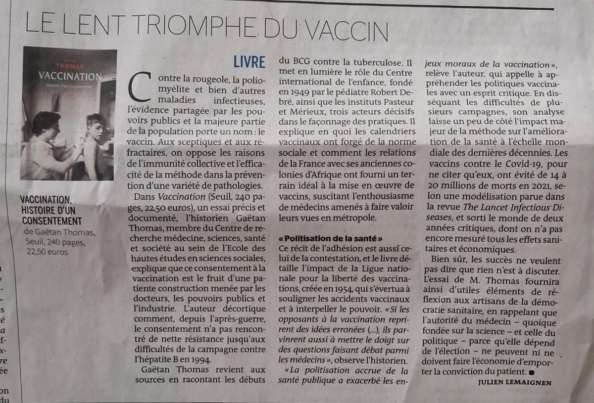 'Lent triomphe' ou plutôt idéologie pétrifiée? Article du @lemondefr à propos du livre 'Vaccination, histoire d'un consentement' de Gaetan Thomas @amine_umlil @ALnpvl @Revahb1