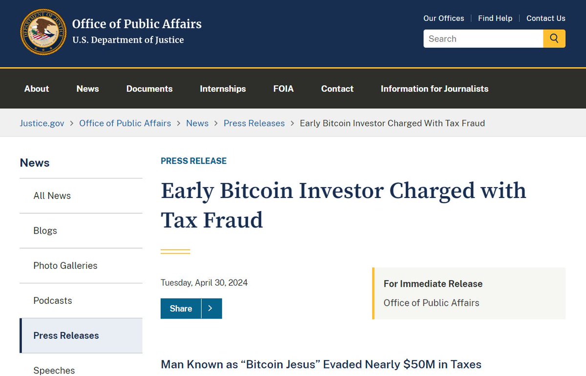 🚨 BREAKING: @TheJusticeDept has charged @rogerkver with tax fraud.