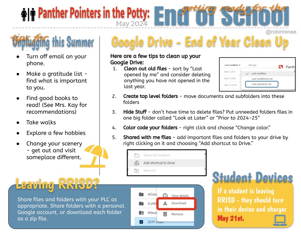 robinrenee's tweet image. New month, new Panther Pointers in the Potty - wrapping up the school year, tips to unplug &amp;amp;clean up #googledocs @RidgeviewMS #rrisdpd #rrisdtech @marisaramirez07 #pottypd