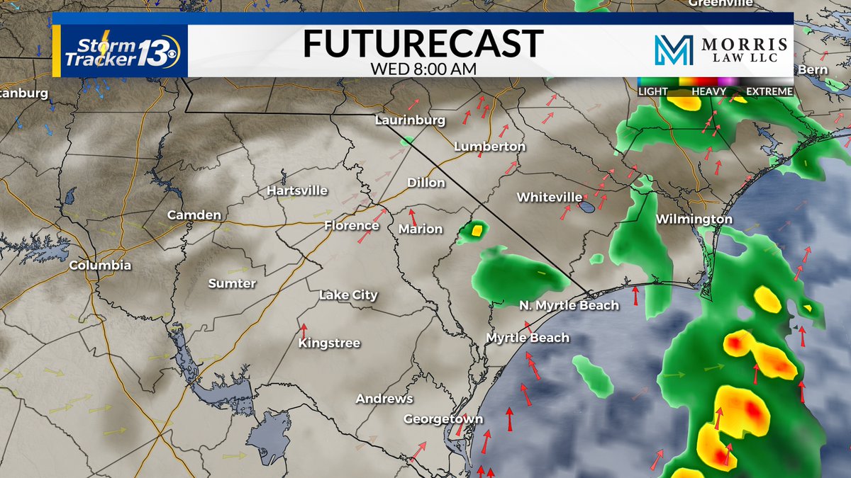 4/30/24 - Futurecast showing the line of storms moving into the Pee Dee around 9 pm, slowly moving towards the coast overnight. Could see some pockets of heavy rain, gusty winds and lightning. #SCwx #MYRwx #NCwx