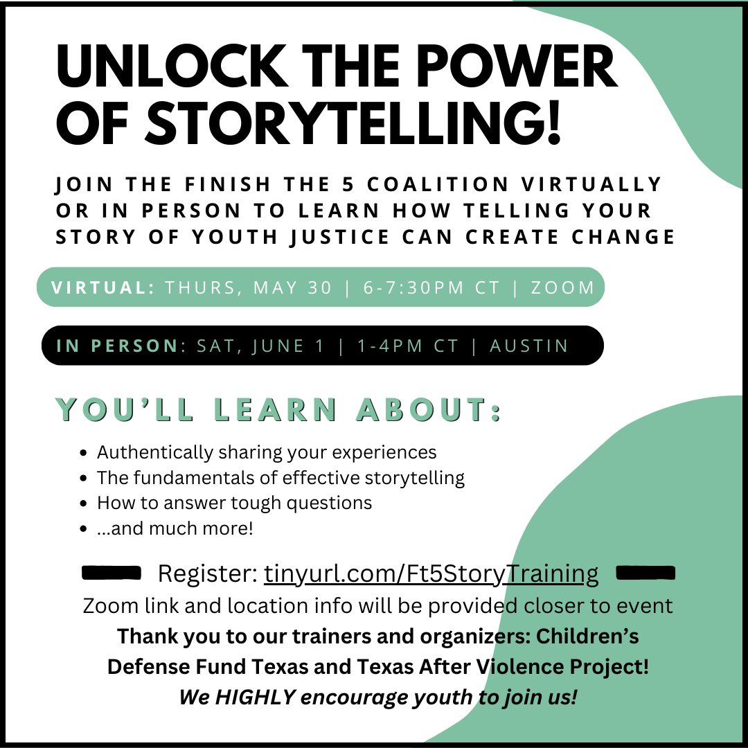 finishthefive's tweet photo. Hi y’all! We have a couple exciting events coming up in the next month or so. We will be holding a virtual and an in person narrative training with our partners at @txafterviolence and @ChildDefender so please sign up and share this event: https://t.co/SdGc1LrFC2 https://t.co/2sySNxHydd
