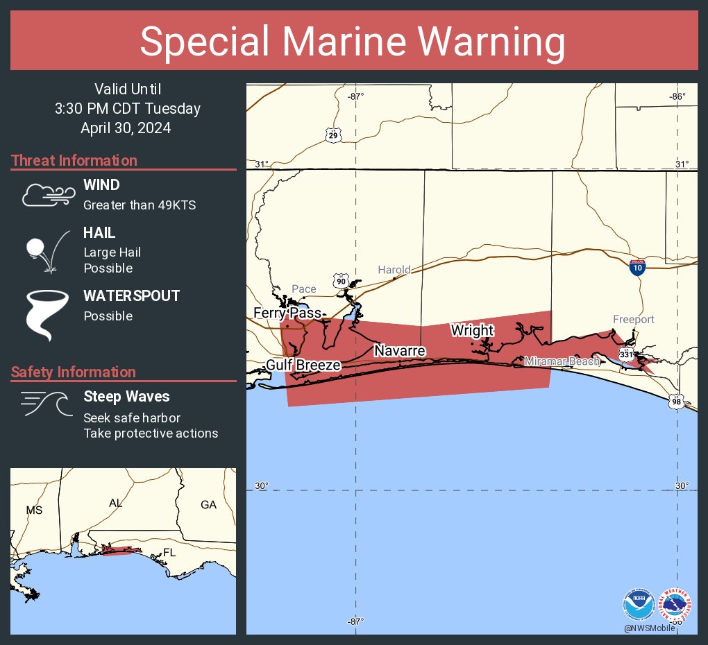 Special Marine Warning continues for the Coastal waters from Okaloosa-Walton County Line to Pensacola FL out 20 NM, Pensacola Bay Area including Santa Rosa Sound, Eastern Choctawhatchee Bay and Western Choctawhatchee Bay until 3:30 PM CDT