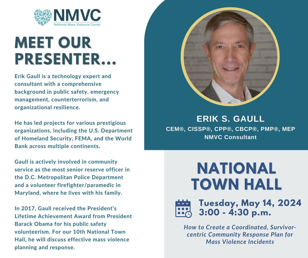 Are you registered yet for NMVC's 10th FREE National Town Hall? Learn: How to Create a Coordinated, Survivor-centric Community Response Plan for Mass Violence Incidents. Tuesday, May 14, 2024 from 3:00 p.m. to 4:30 p.m. EDT #KnowBeforeYouNeedTo Register: buff.ly/3JGQDS4