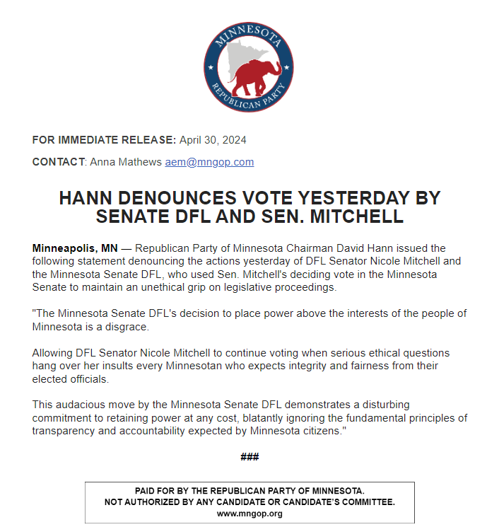 Chairman Hann issued the following statement denouncing the actions yesterday of DFL Senator Nicole Mitchell and the Minnesota Senate DFL, who used Sen. Mitchell's deciding vote in the Minnesota Senate to maintain an unethical grip on legislative proceedings.