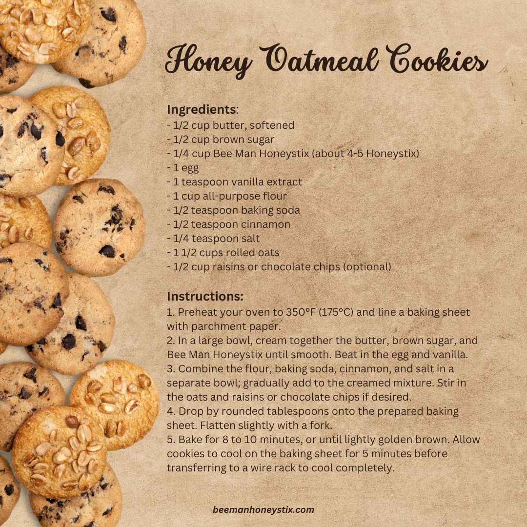 Happy #NationalOatmealCookieDay!  Did you know that adding #BeeManHoneystix to your oatmeal cookie recipe adds natural sweetness and delicious flavor? Enjoy these sweet and chewy #HoneyOatmealCookies! 🍯

#easyrecipes #recipeswithhoney #honeyrecipes