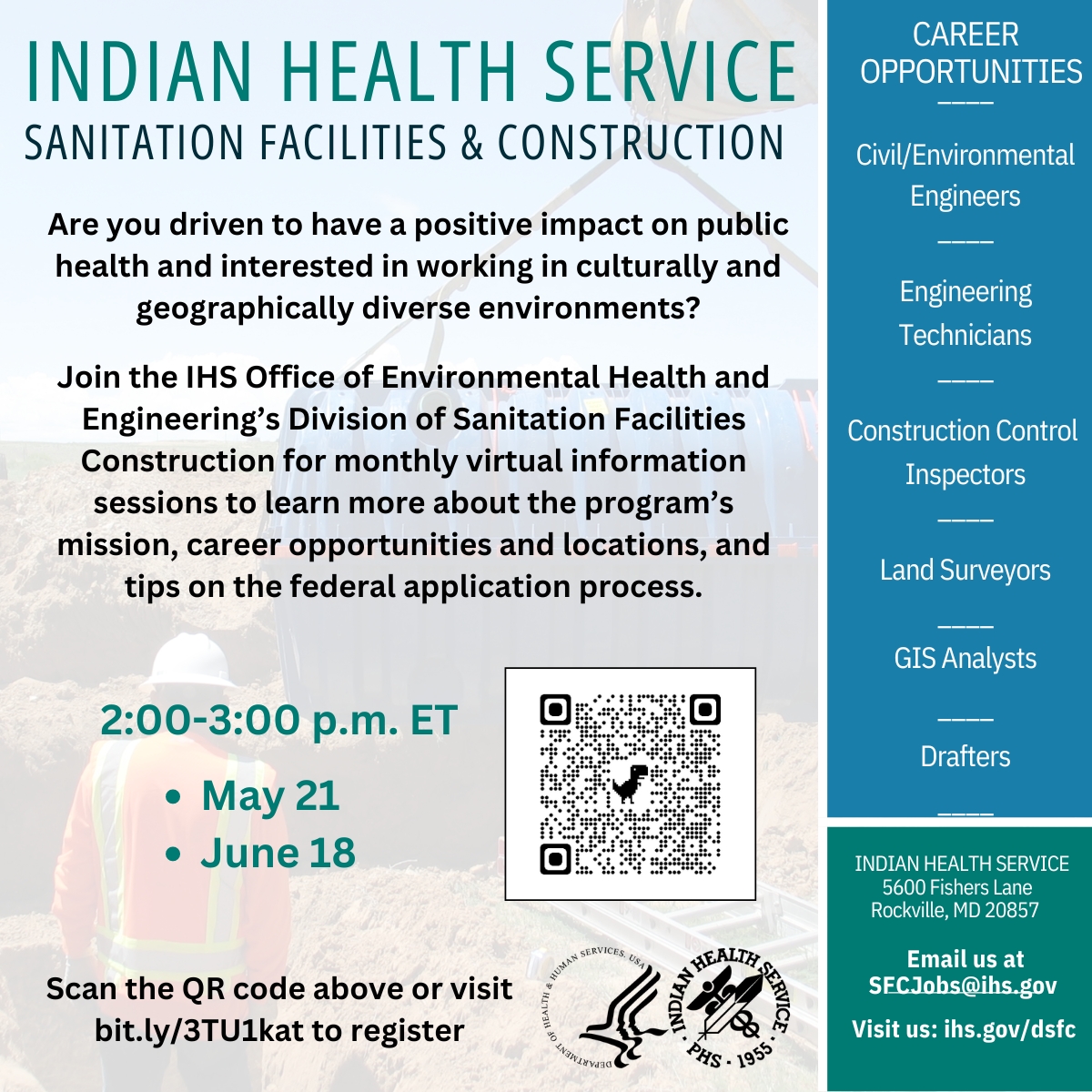 The IHS Division of Sanitation Facilities Construction hosts monthly virtual information sessions for engineers to share details on the program, career opportunities, & tips on the federal application process. Join the next session on May 21 to learn more: bit.ly/3TU1kat