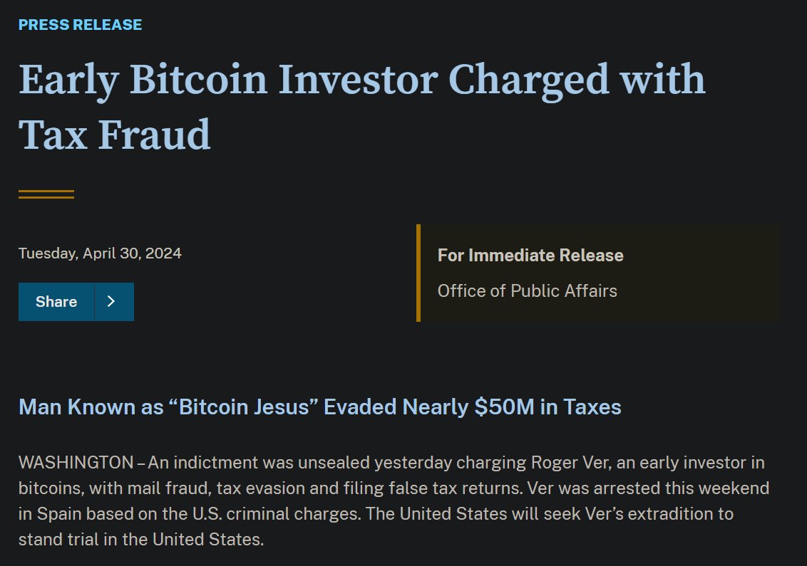 Roger Ver, the guy who once paid 14 #Bitcoin for a pan of baklava, arrested in Spain for 'tax fraud.'

CZ, Keonne Rodriguez, William Hill, and now Roger. All early members of the @blockchain team. 

The bad news keeps coming.